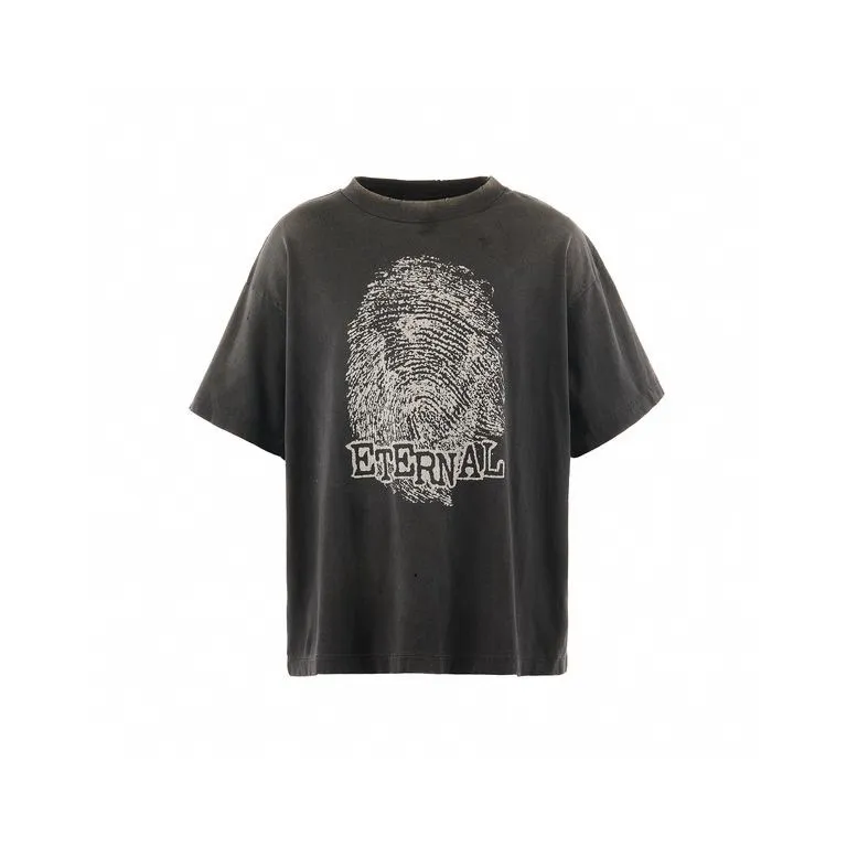 SAINT Mxxxxxx CHOSEN SS TEE/BLK Burst pattern/fingerprint print Chosen Tee Washed black S-XL Look for cylindrical fabrics without side seams. Don’t buy open-width fabrics anymore. It’s boring. Assute garment dyeing. Spray the whole piece with Ma Liu. Re-spray heavy fade. Collar and cuffs are frayed. Many places are broken. Authentic grade printing restored. Original consistent main mark/wash mark/with little angel anti-counterfeiting label.